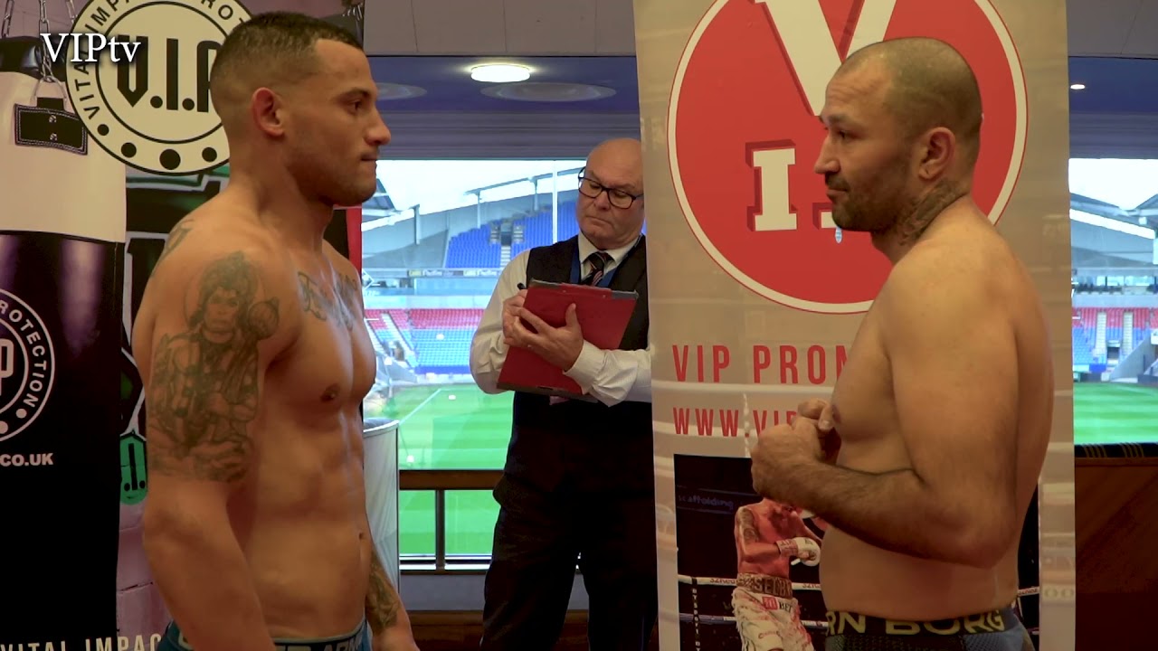 Diego Costa v Michal Gazdik weigh-in for VIP's Bolton show on Saturday background