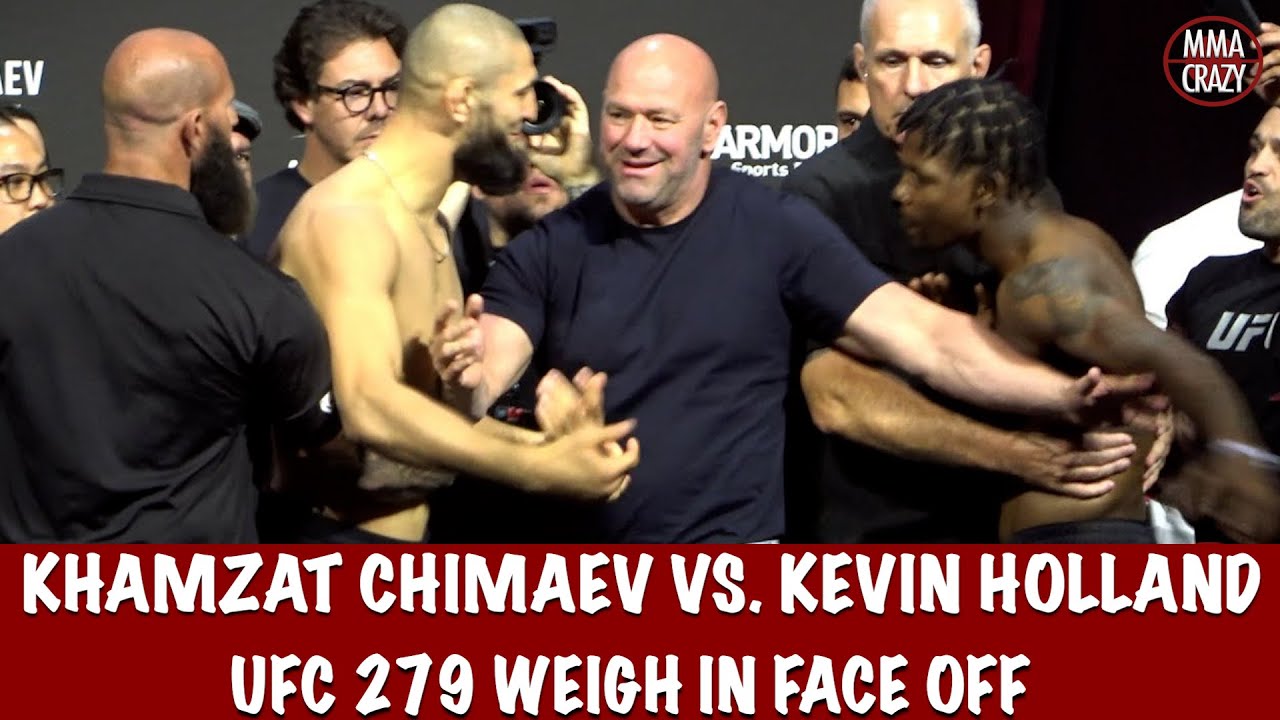 UFC 279: Khamzat Chimaev vs. Kevin Holland weigh in face off background