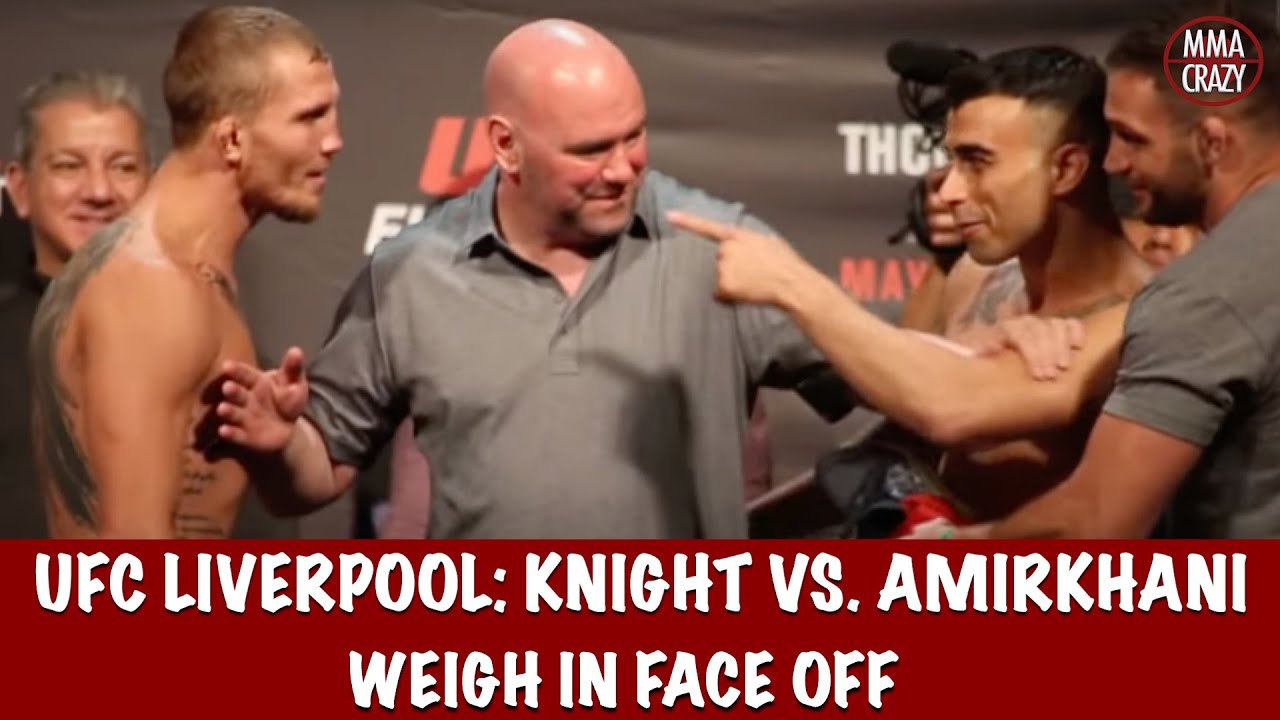UFC Fight Night Liverpool Jason Knight vs. Makwan Amirkhani weigh in face off backdrop