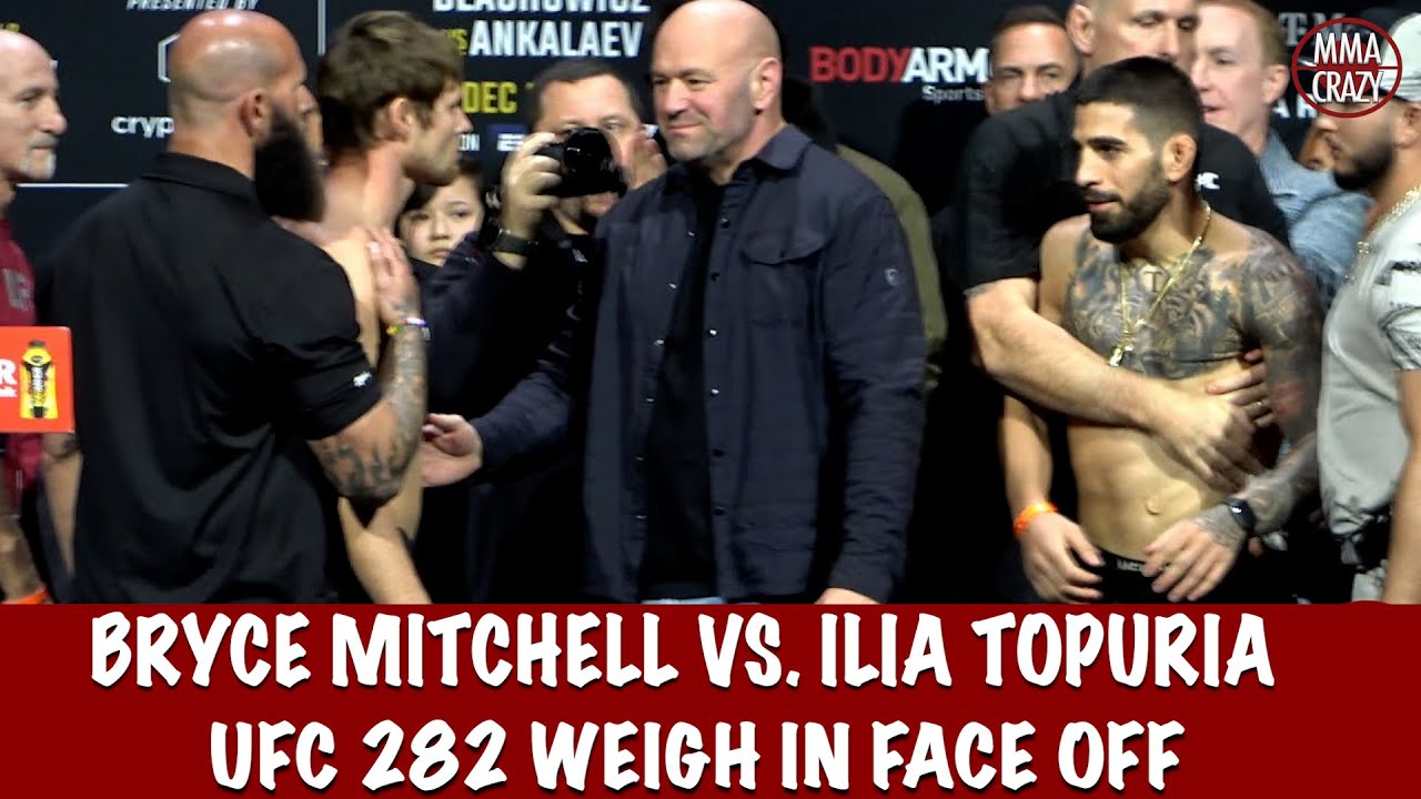 HEATED! UFC 282 Bryce Mitchell vs. Ilia Topuria weigh in Face Off background