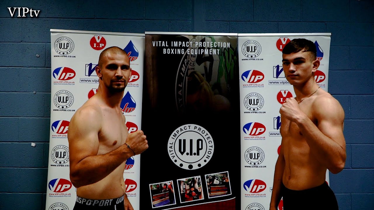 Jake Abrol v Ivan Njegac weigh-in for VIP's Sunday show in Bolton 12.9 21 background