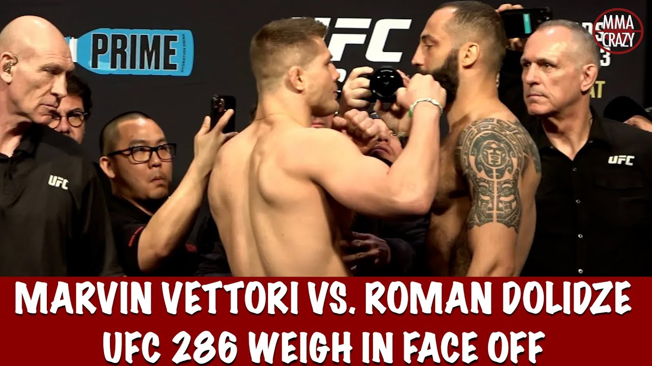 UFC 286: Marvin Vettori vs. Roman Dolidze weigh in Face off backdrop