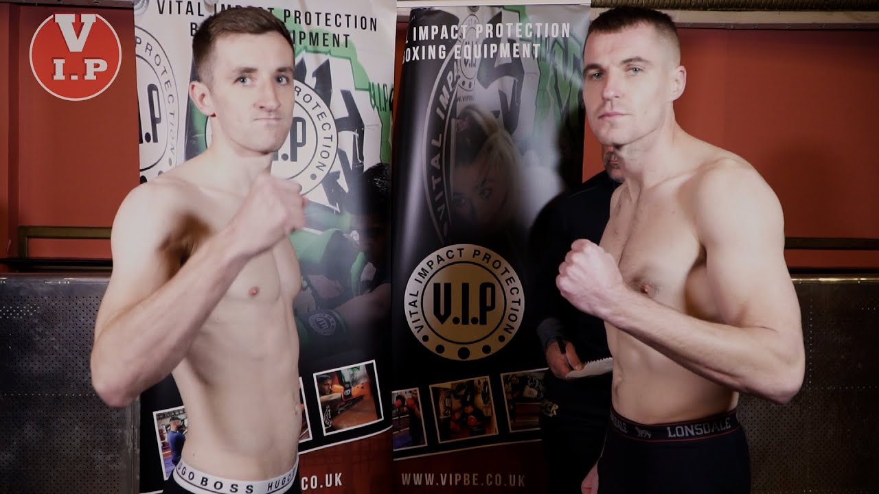 Bryan Collins v Josh Hodgins weigh-in for VIP's show in Liverpool on Nov 5th at The Olympia background