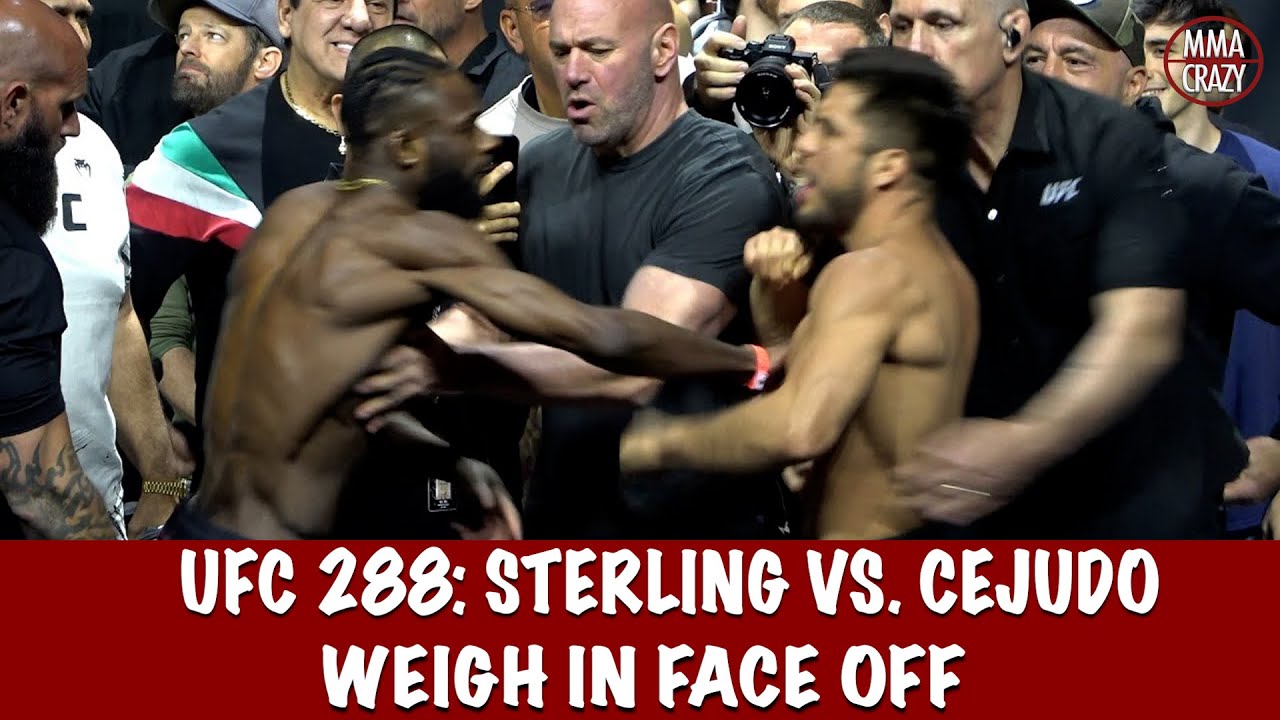 UFC 288: Aljamain Sterling vs. Henry Cejudo Weigh in Face Off background