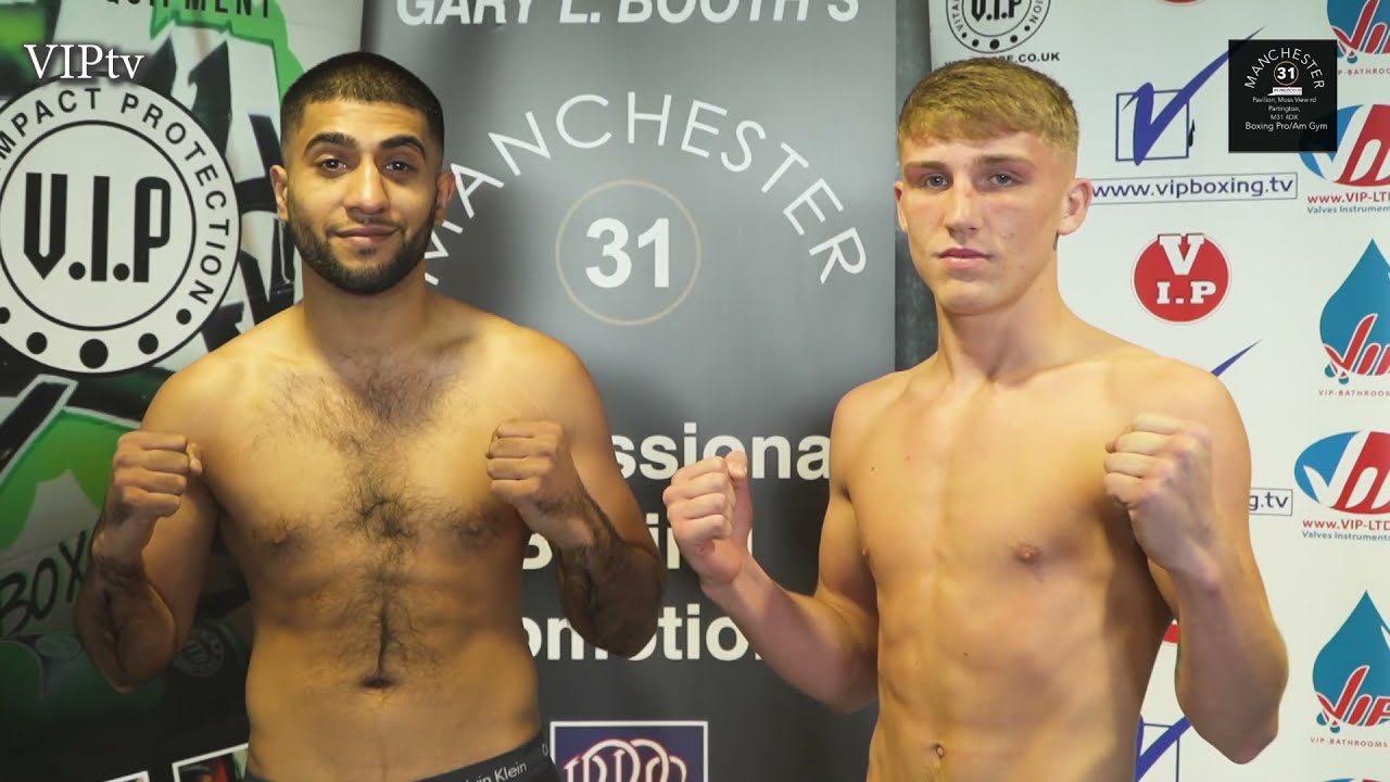 Joe Howarth v Naeem Ali weigh-in for VIP/M31 show in Irlam at AJ Bell stadium 9/10/21. backdrop