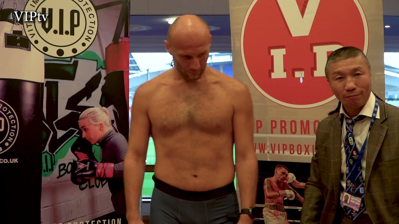 Kyle Lomotey v Nikita Basin weigh-in for VIP's Bolton show on Saturday background