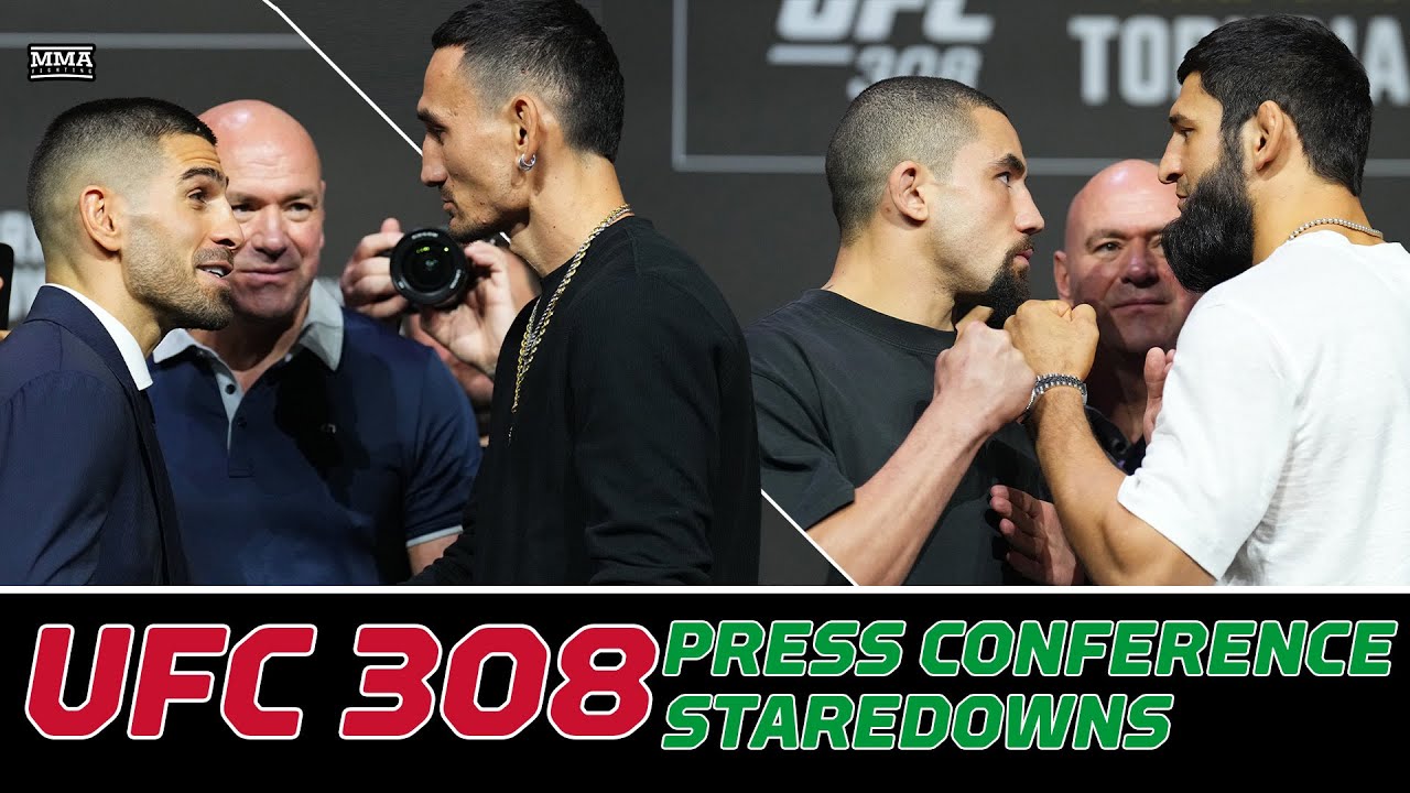 UFC 308 Press Conference Staredowns: Ilia Topuria Laughs In Max Holloway's Face | MMA Fighting background