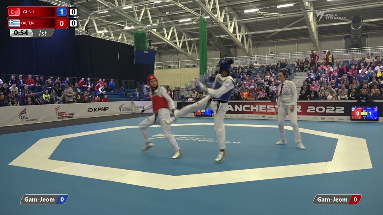 113 R-16 W-57kg 🔵 ILGUN Hatice kubra TUR vs 🔴 KALTEKI Faidra GRE I Manchester 2022 WT GP background
