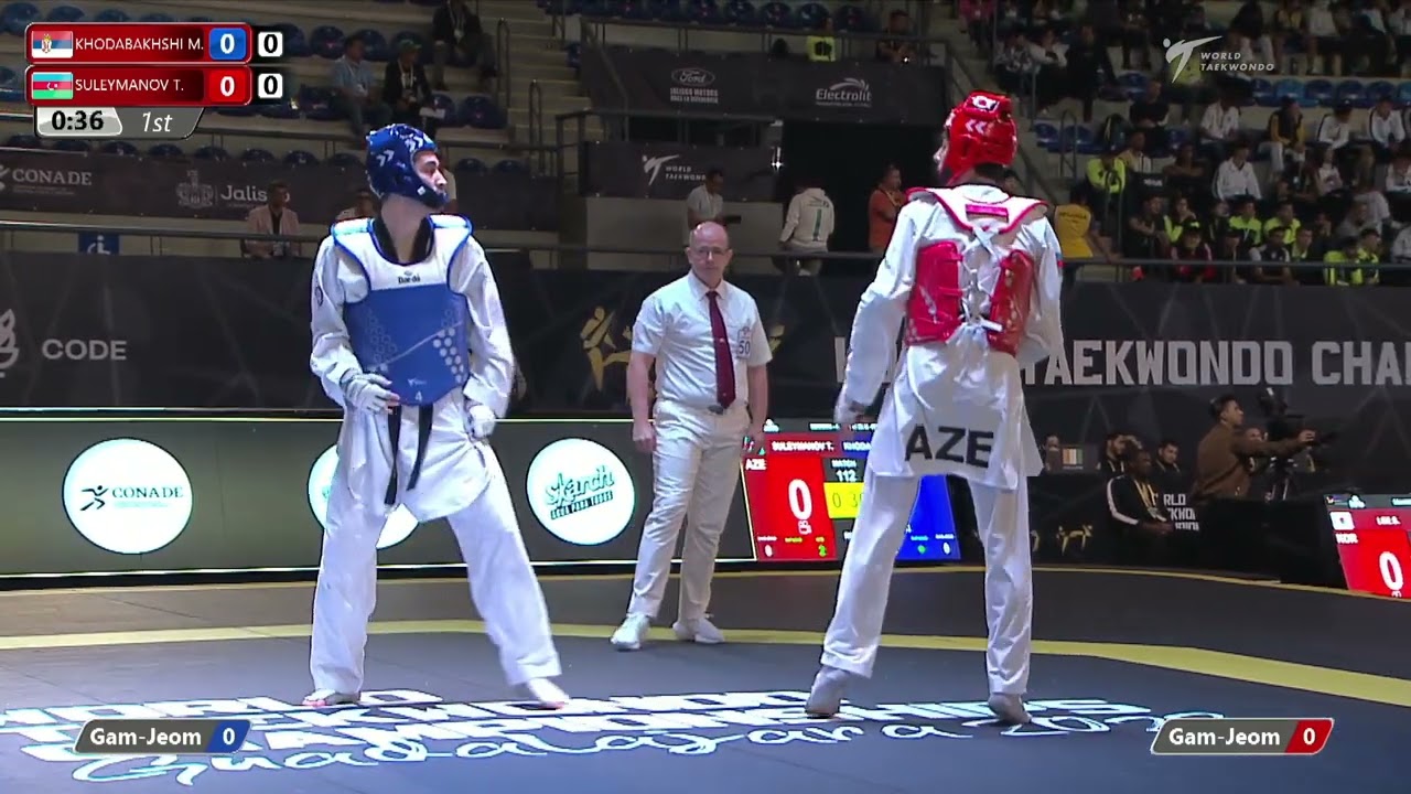112 M-87kg R-32 KHODABAKHSHI M. SRB 🔵 vs 🔴 SULEYMANOV T. AZE I Guadalajara 2022 WT Championships background