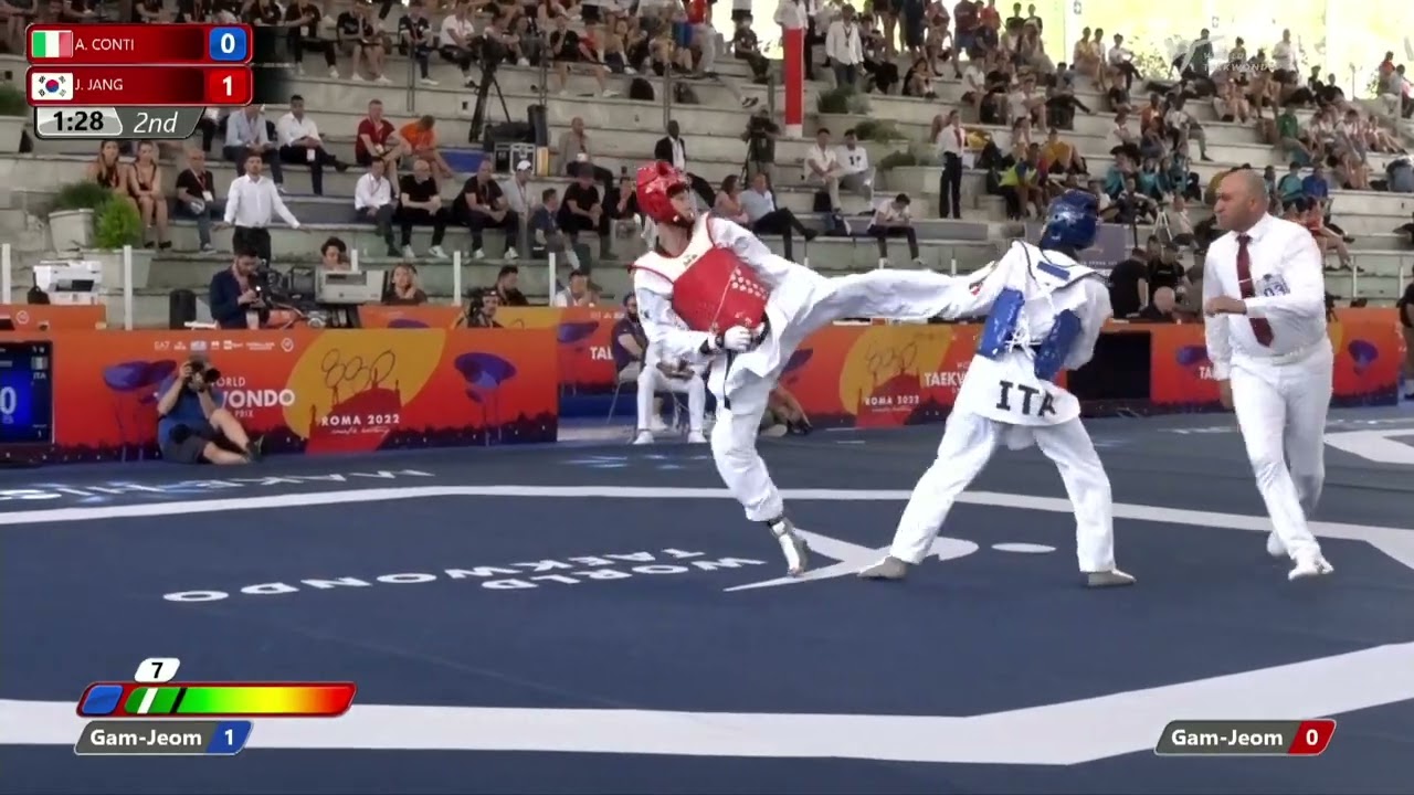 314 M-58kg R-32 CONTI Andrea ITA 🔵 vs 🔴 JANG Jun KOR I Rome 2022 World Taekwondo GP background