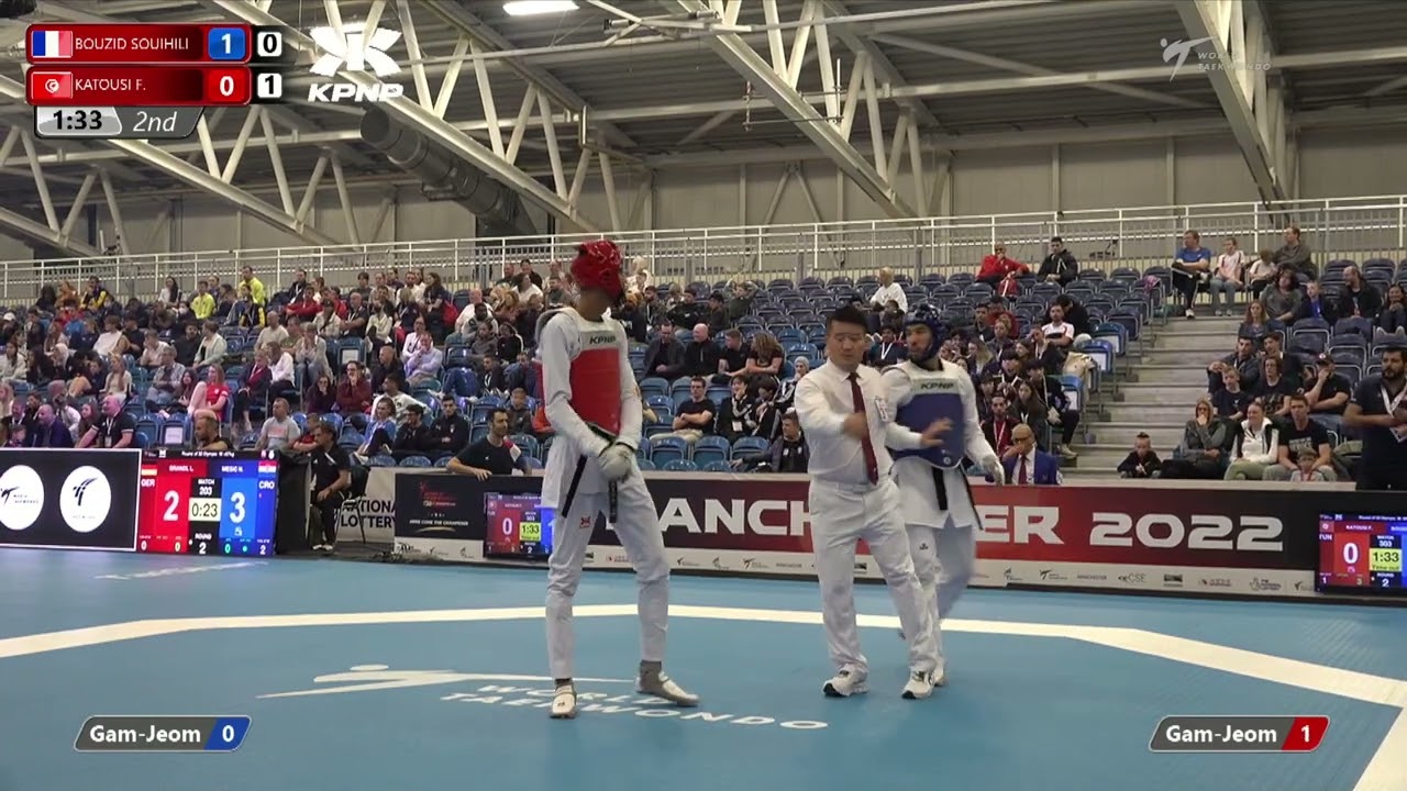 303 R-32 M-80kg 🔵 BOUZID SOUIHILI Ismael FRA vs 🔴 KATOUSI Firas TUN I Manchester 2022 WT GP background