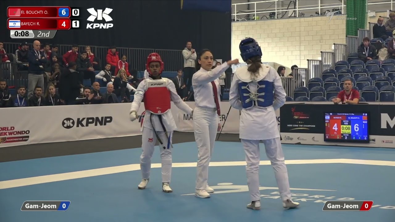 103 W-49kg R-32 🔵 EL BOUCHTI Oumaima MAR vs 🔴 BAYECH Rivka ISR I Manchester 2022 World Taekwondo GP background