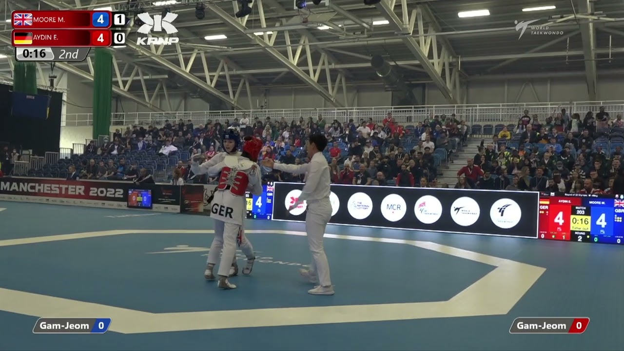 203 R-32 W-49kg 🔵 MOORE Maddison GBR vs 🔴 AYDIN Ela GER I Manchester 2022 World Taekwondo GP background