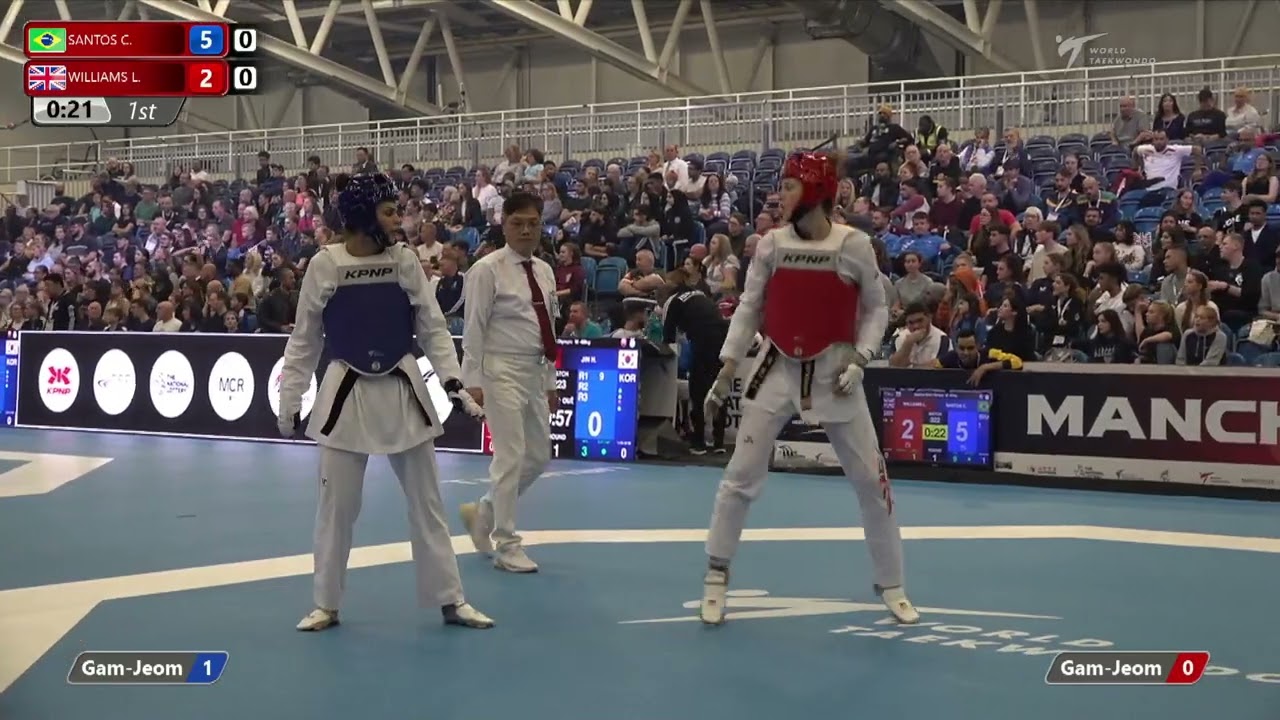 322 QF W-67kg 🔵 SANTOS Caroline BRA vs 🔴 WILLIAMS Lauren GBR I Manchester 2022 World Taekwondo GP background