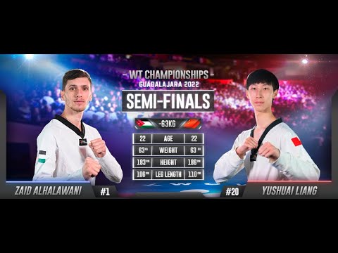 103 M-63kg SF ALHALAWANI Zaid JOR 🔵 vs 🔴 LIANG Yushuai CHN I Guadalajara 2022 WT Championships background
