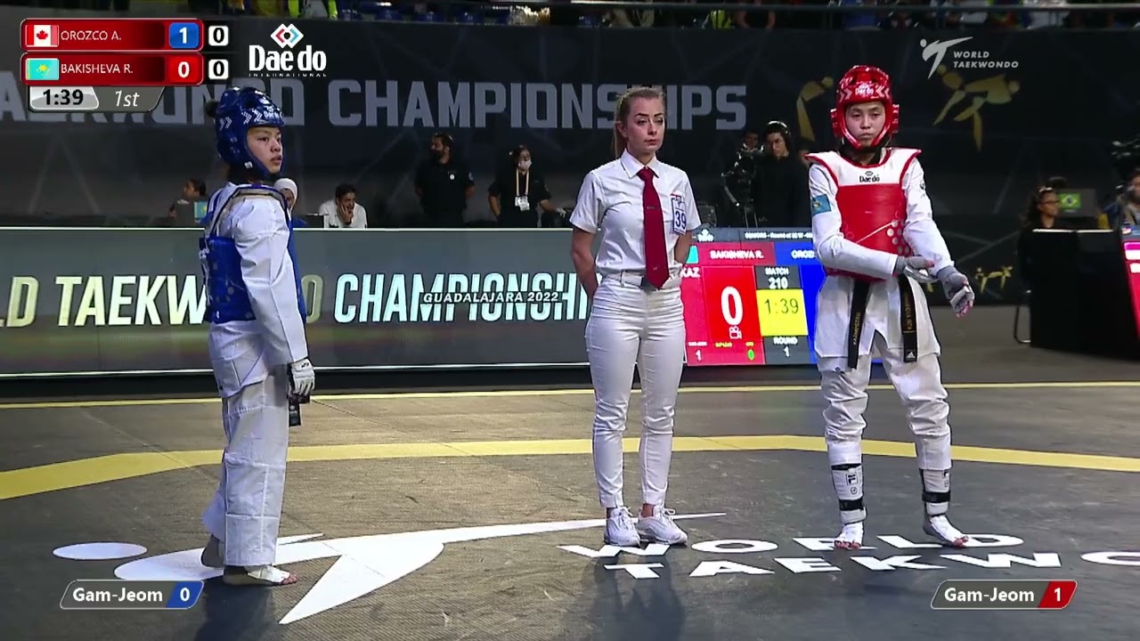 210 W-46kg R-32 OROZCO Angelique CAN 🔵 vs 🔴 BAKISHEVA Rita KAZ I Guadalajara 2022 WT Championships background