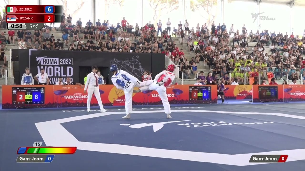 216 W-67kg R-16 SOLTERO Leslie MEX 🔵 vs 🔴 BOZANIC Nadica SRB I Rome 2022 World Taekwondo GP background