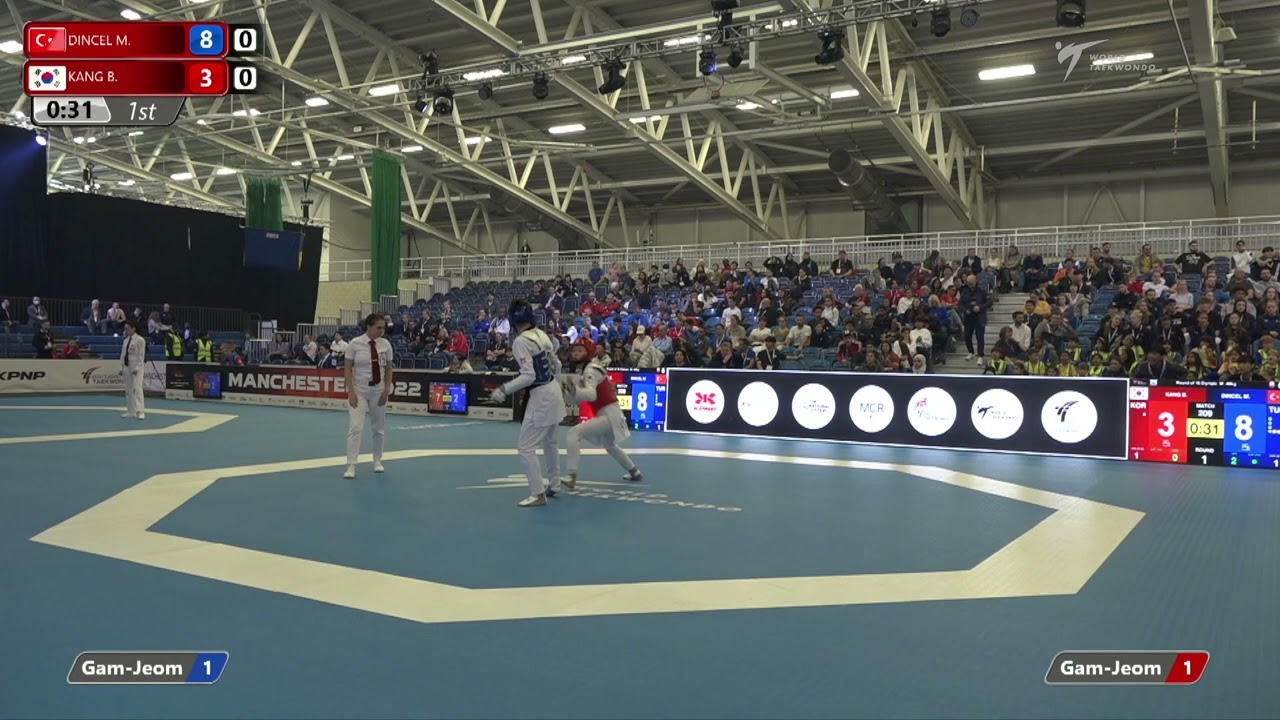 209 R-16 W-49kg 🔵 DINCEL Merve TUR vs 🔴 KANG Bora KOR I Manchester 2022 World Taekwondo GP background