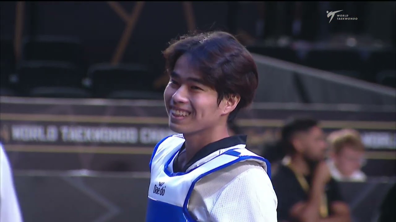 503 M-74kg R-64 HAUIHONGTHONG L. THA 🔵 vs 🔴 JANG E. KOR I Guadalajara 2022 WT Championships background
