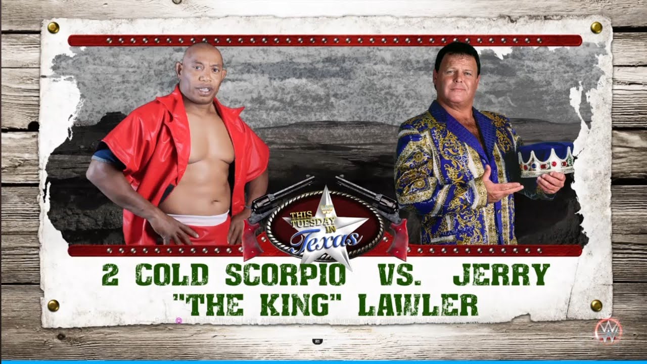 2 Cold Scorpio vs Jerry Lawler. This Tuesday in Texas 96. WWE 2K23 background