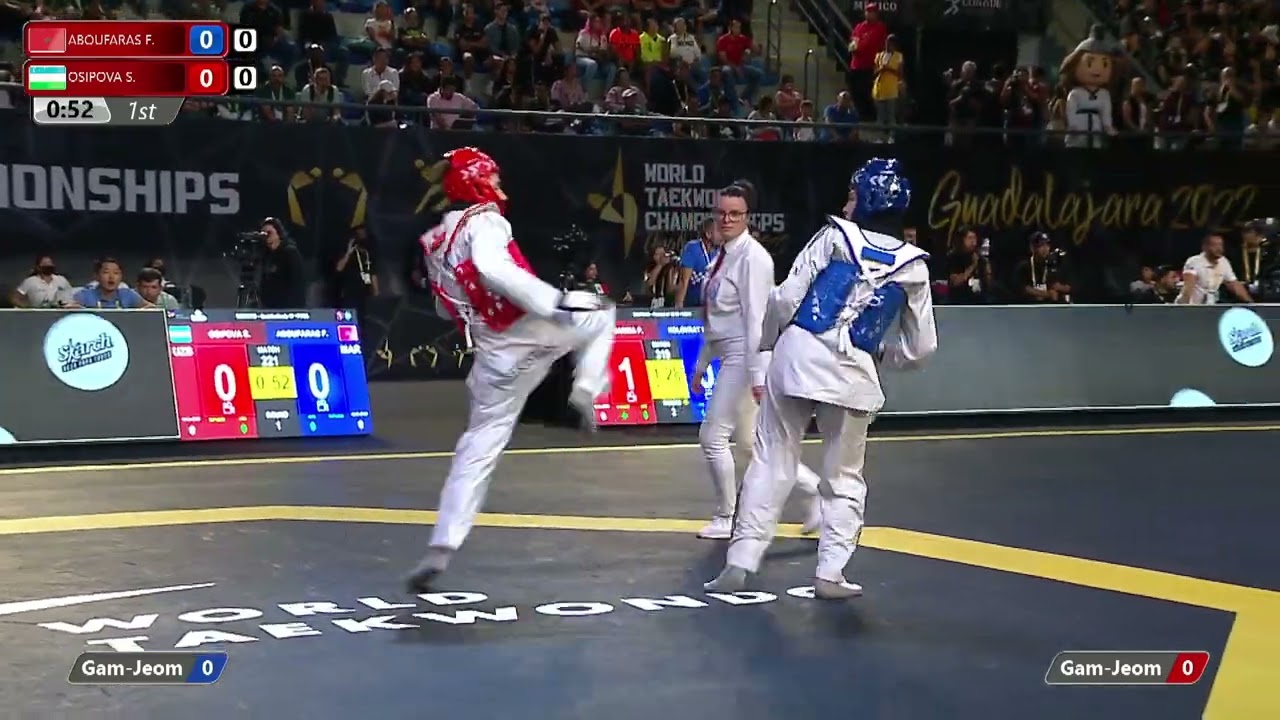 221 W+73kg QF ABOUFARAS F. MAR 🔵 vs 🔴 OSIPOVA S. UZB I Guadalajara 2022 WT Championships background