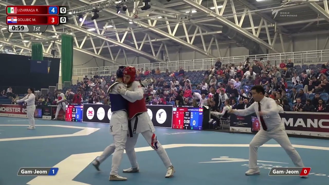 312 R-32 M-80kg 🔵 LIZARRAGA Rene MEX vs 🔴 GOLUBIC Marko CRO I Manchester 2022 World Taekwondo GP background