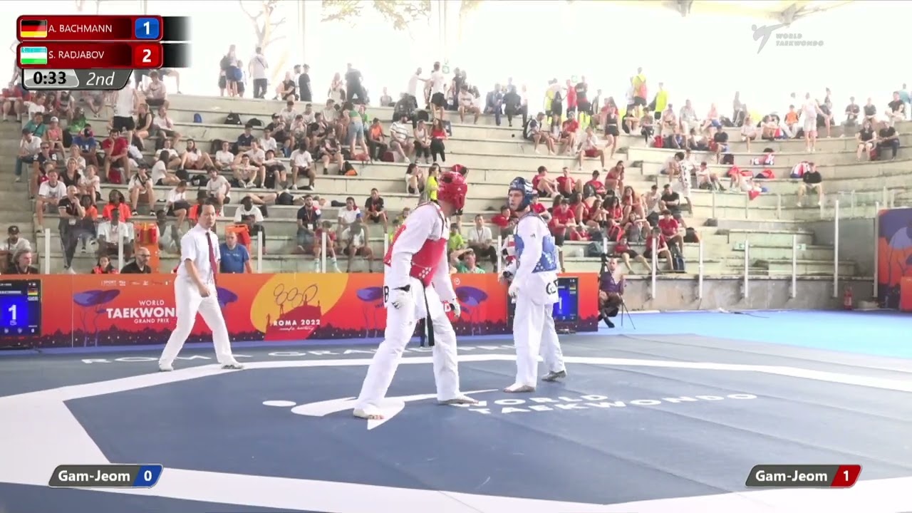 310 M+80kg R-32 BACHMANN Alexander GER 🔵 vs 🔴 RADJABOV Shokhrukh UZB I Rome 2022 World Taekwondo GP background