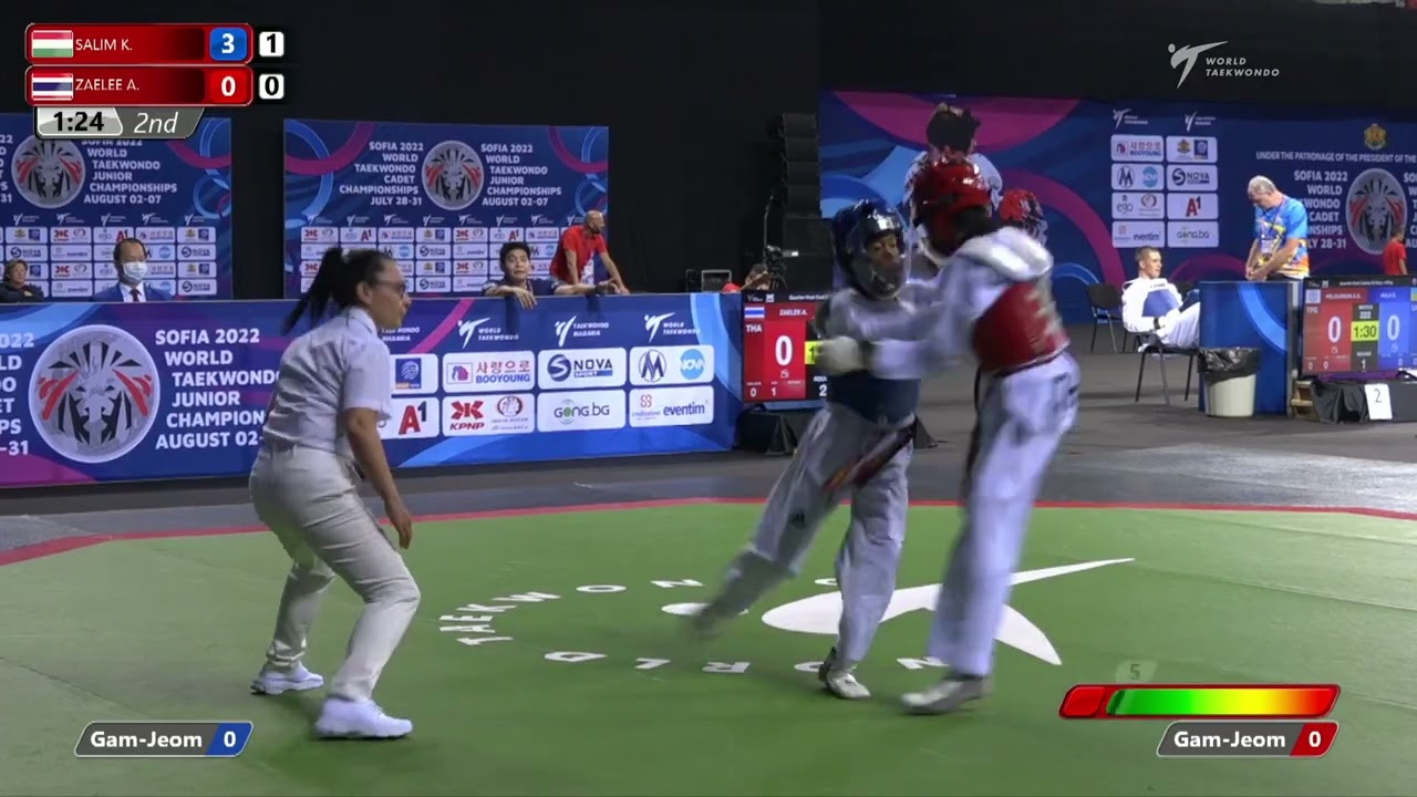 122 Quarter final Girls 33kg HUN SALIM K THA ZAELEE A background