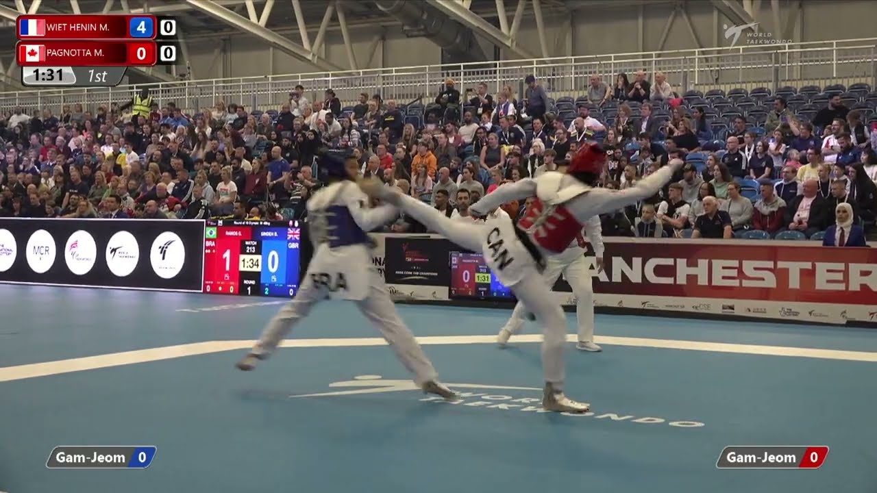 313 R-16 W-67kg 🔵 WIET HENIN Magda FRA vs 🔴 PAGNOTTA Melissa CAN I Manchester 2022 WT GP background