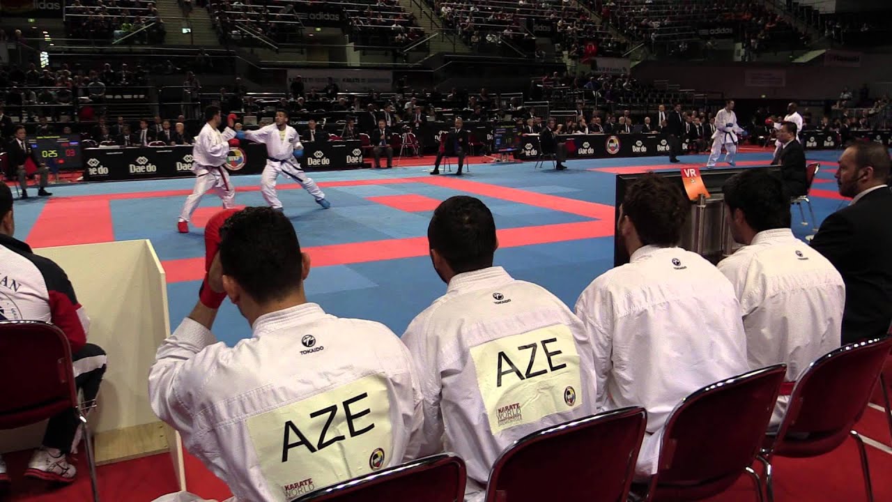 BRASIL vs AZERBAIJAN. Male Team Kumite Competition. 2014 World Karate Championships backdrop