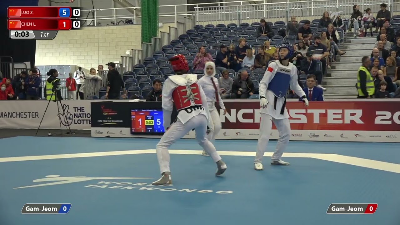 105 R-32 W-57kg 🔵 LUO Zongshi CHN vs 🔴 CHEN Lin CHN I Manchester 2022 World Taekwondo GP background