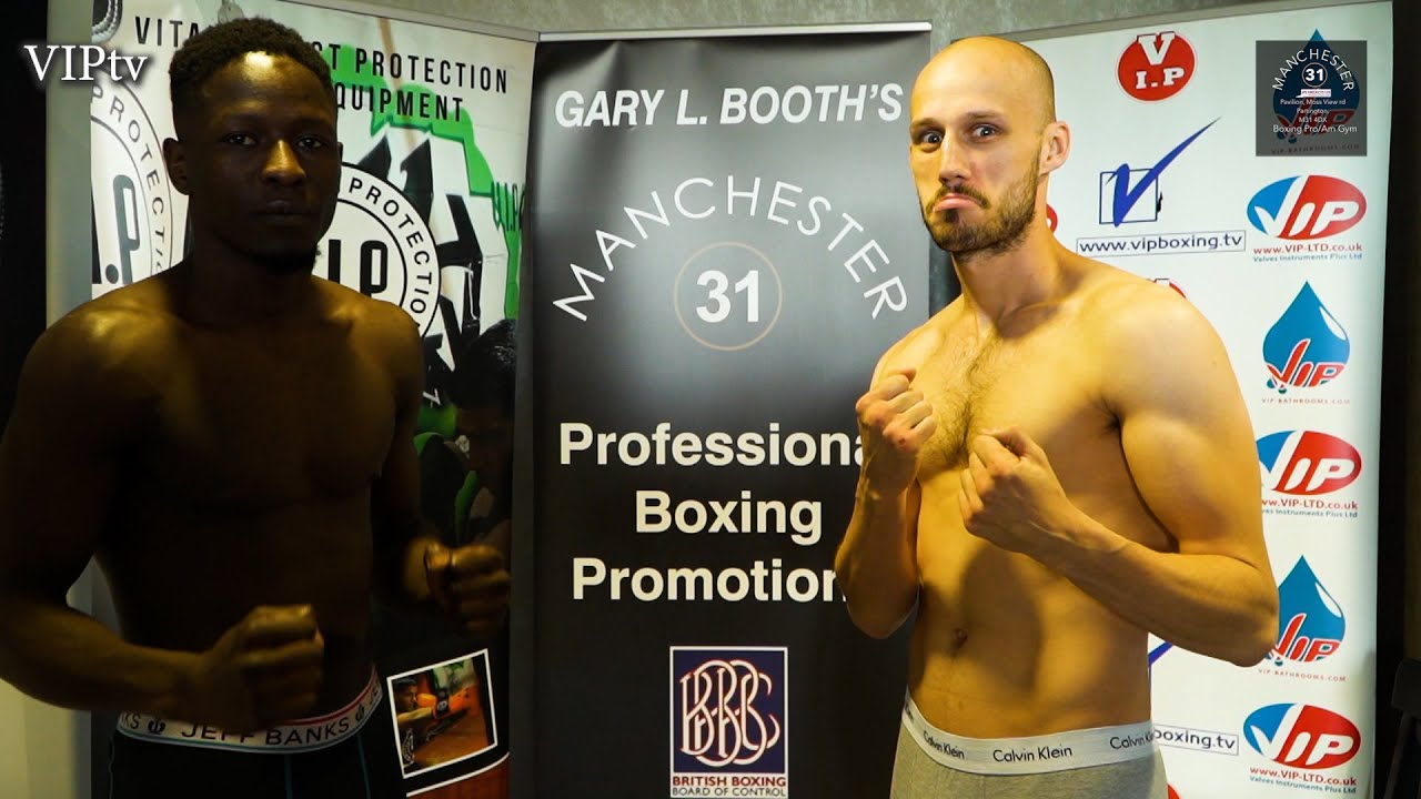 Malam Varela v Josh Cook weigh-in for VIP/M31 show in Irlam at AJ Bell stadium 9/10/21. background