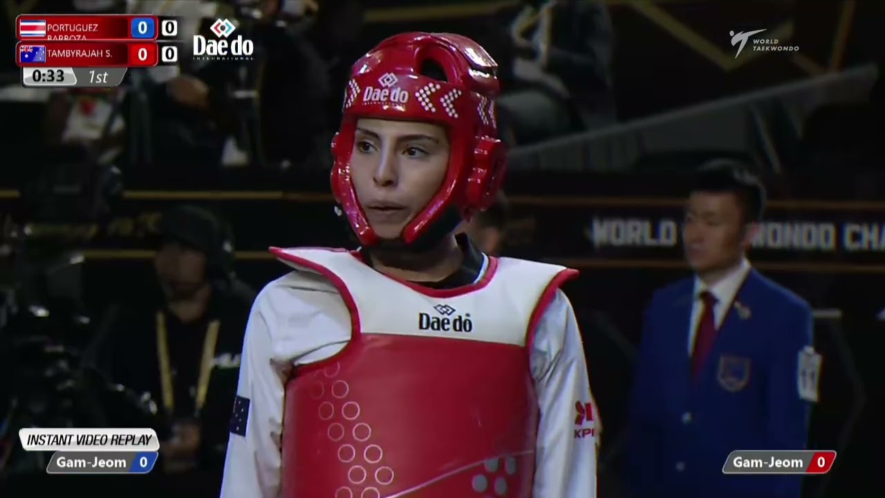 412 W-49kg R-32 PORTUGUEZ A. CRC 🔵 vs 🔴 TAMBYRAJAH S. AUS I Guadalajara 2022 WT Championships background