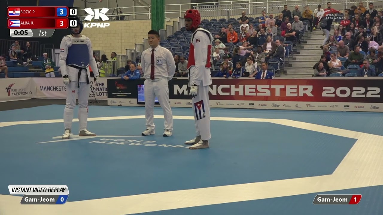 110 R-32 M+80kg 🔵 BOZIC Pasko CRO vs 🔴 ALBA Rafael CUB I Manchester 2022 World Taekwondo GP background
