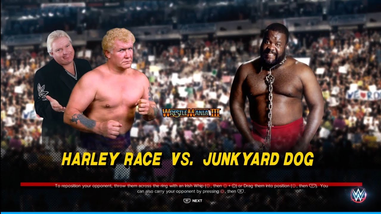 King Harley Race vs Junkyard Dog. WrestleMania 3. WWE 2K23 background