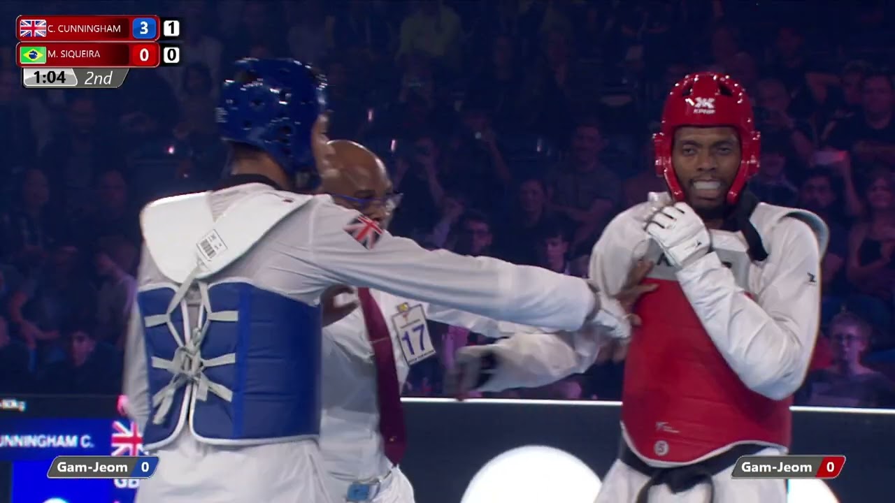 233 F M+80kg ЁЯФ╡ CUNNINGHAM Caden GBR vs ЁЯФ┤ SIQUEIRA Maicon BRA I Manchester 2022 World Taekwondo GP background