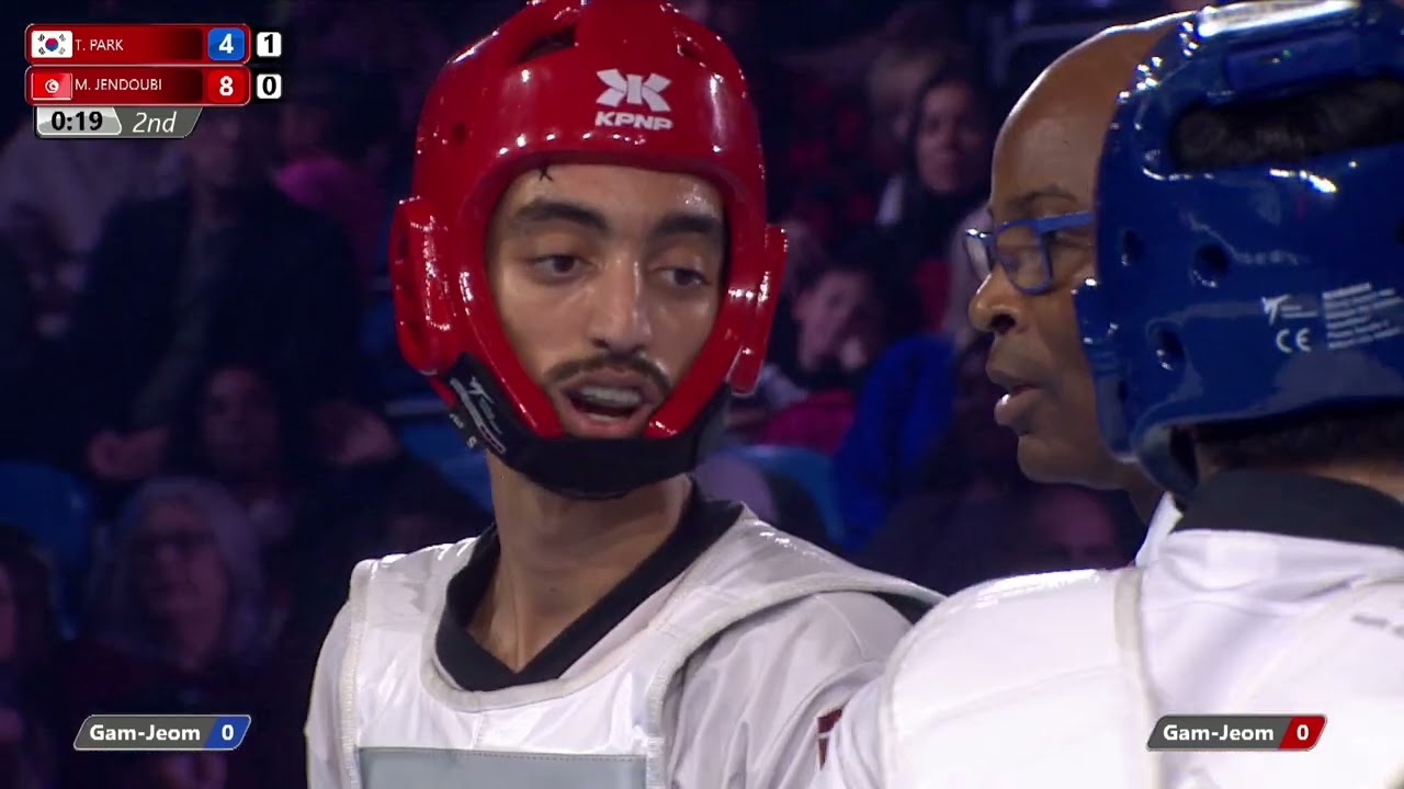 221 F M-58kg 🔵 PARK Tae-joon KOR vs 🔴 JENDOUBI Mohamed khalil (TUN) I Manchester 2022 WT GP background