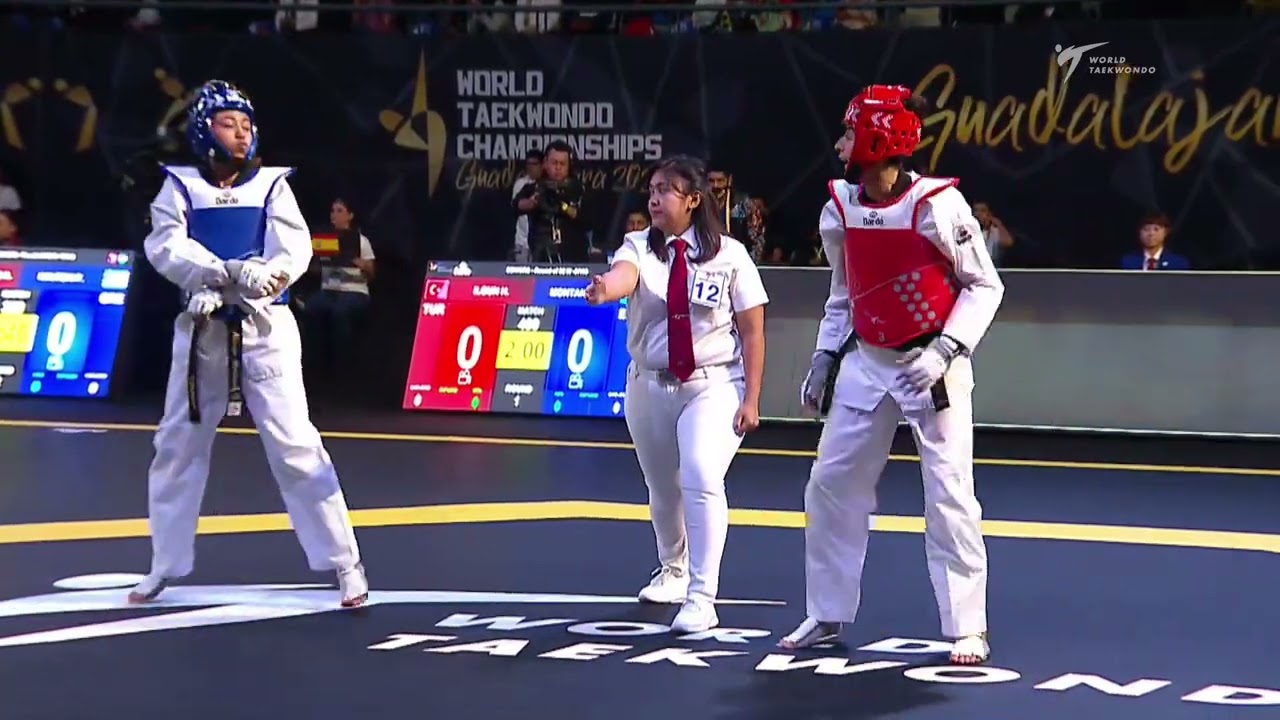 409 W-57kg R-32 MONTANO A. ESA 🔵 vs 🔴 ILGUN H. K. TUR I Guadalajara 2022 WT Championships background