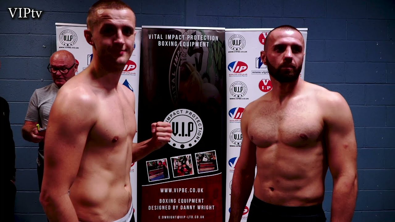 Jake James v Angel Emilov weigh-in for VIP's Bolton show on 11.9.21 background