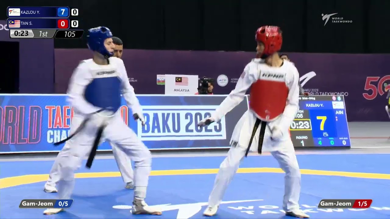105 Round of 64 Men 54kg AIN KAZLOU Yahor MAS TAN Sebastian background