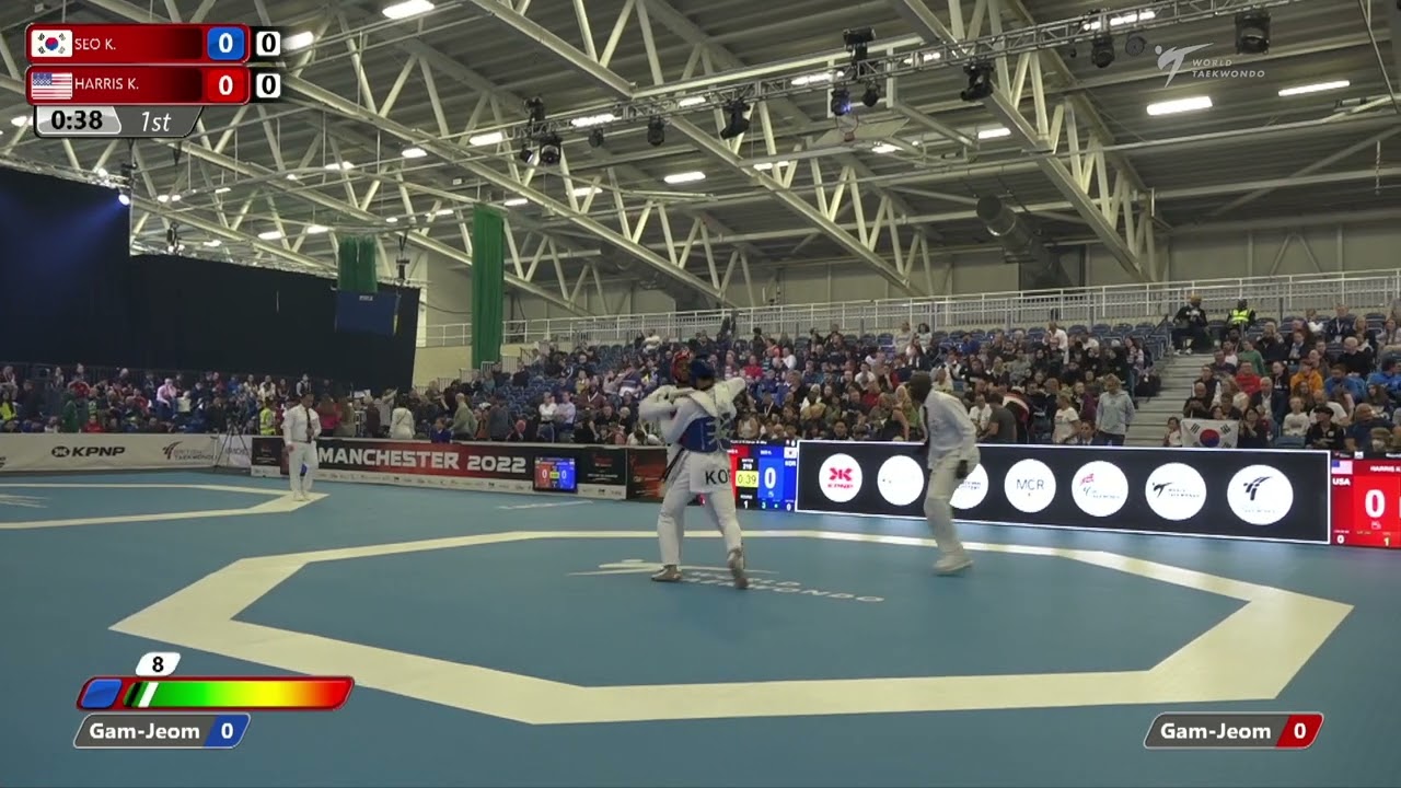 219 R-16 M-68kg đ” SEO Kang-eun KOR vs đŽ HARRIS Khalfani USA I Manchester 2022 World Taekwondo GP background