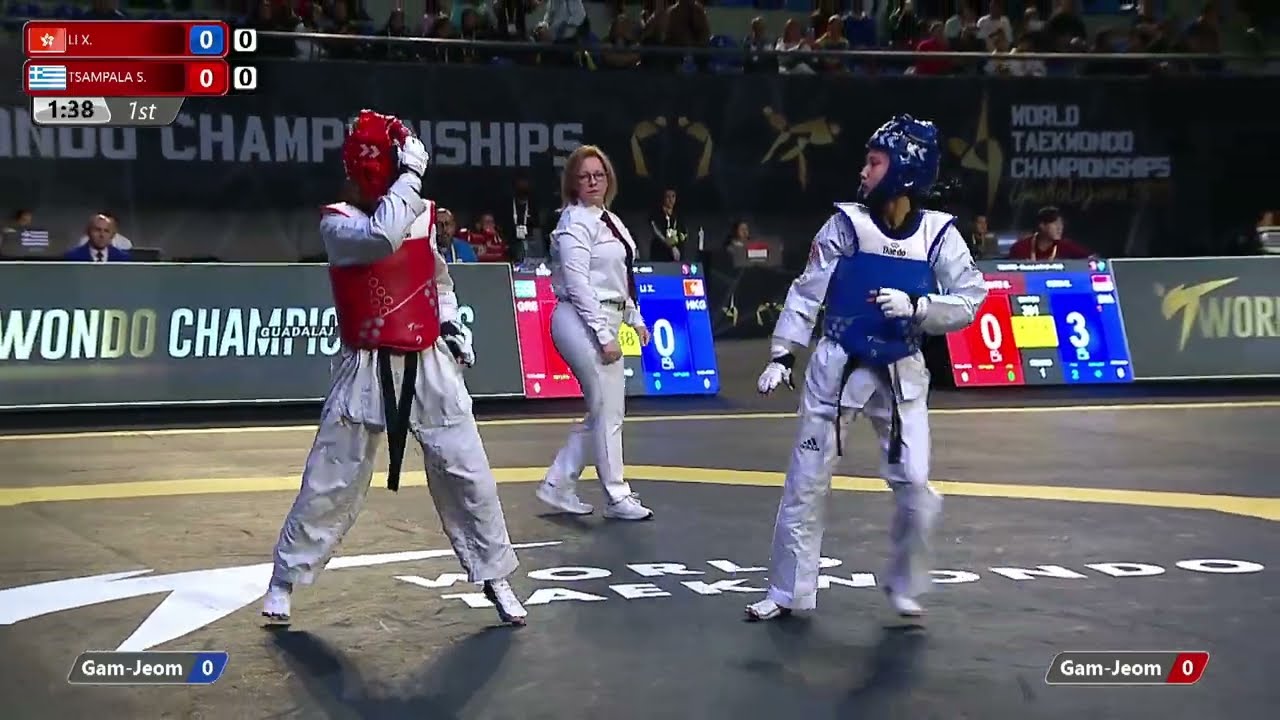 201 W-46kg R-64 LI X. Y. Z. HKG 🔵 vs 🔴 TSAMPALA S. GRE I Guadalajara 2022 WT Championships background