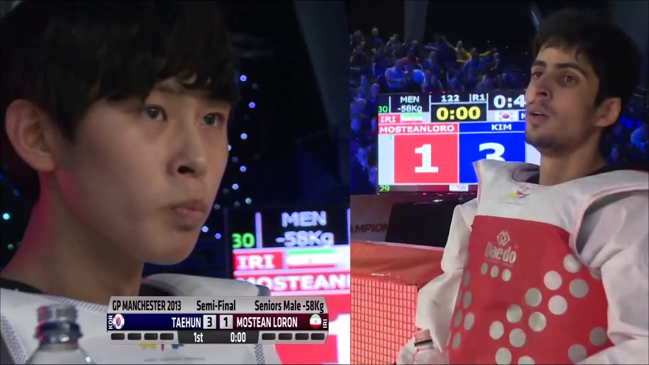 2013 Manchester GP SF M 58kg T H KIM KOR VS H MOSTEAN LORON IRI background
