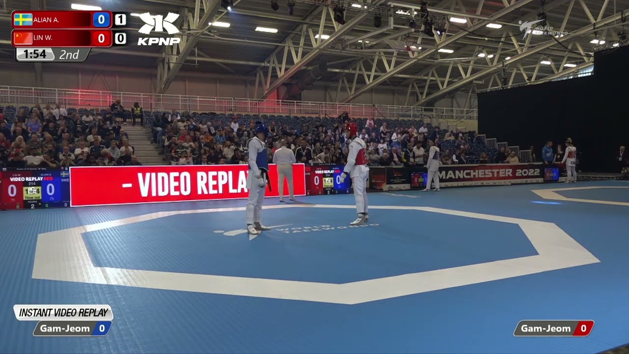 214 R-16 M-68kg ЁЯФ╡ ALIAN Ali SWE vs ЁЯФ┤ LIN Wenye CHN I Manchester 2022 World Taekwondo GP background