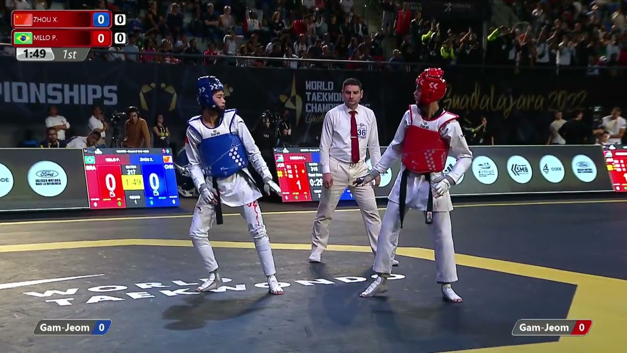 217 M-54kg R-16 ZHOU Xi ao CHN ЁЯФ╡ vs ЁЯФ┤ MELO Paulo BRA I Guadalajara 2022 WT Championships background