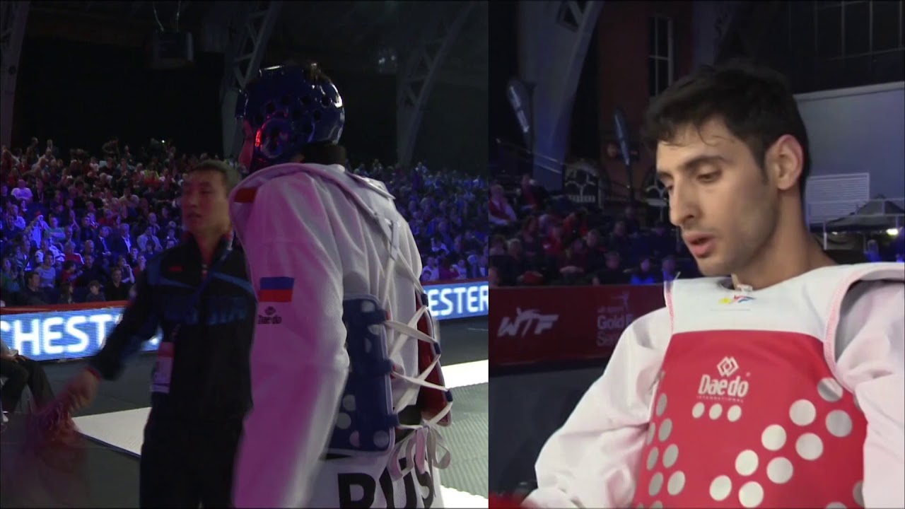 2013 Manchester GP SF M 68kg A DENISENKO RUS VS B ASBAGHIKHANGHAH IRI background