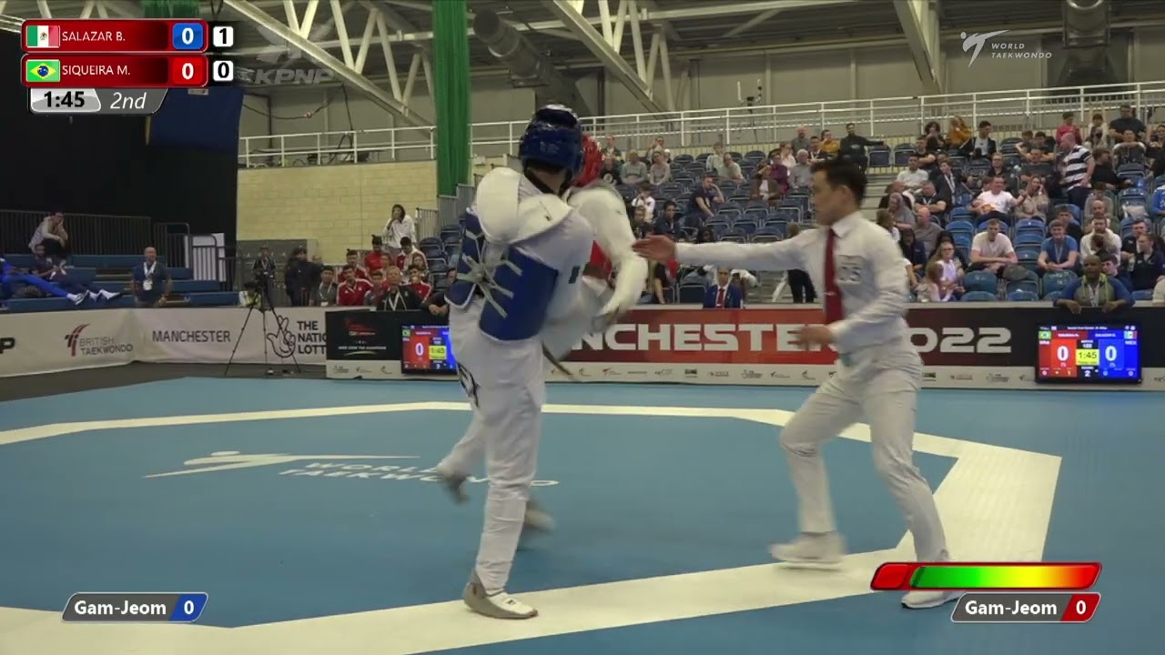 122 QF M+80kg 🔵 SALAZAR Bryan MEX vs 🔴 SIQUEIRA Maicon BRA I Manchester 2022 World Taekwondo GP background