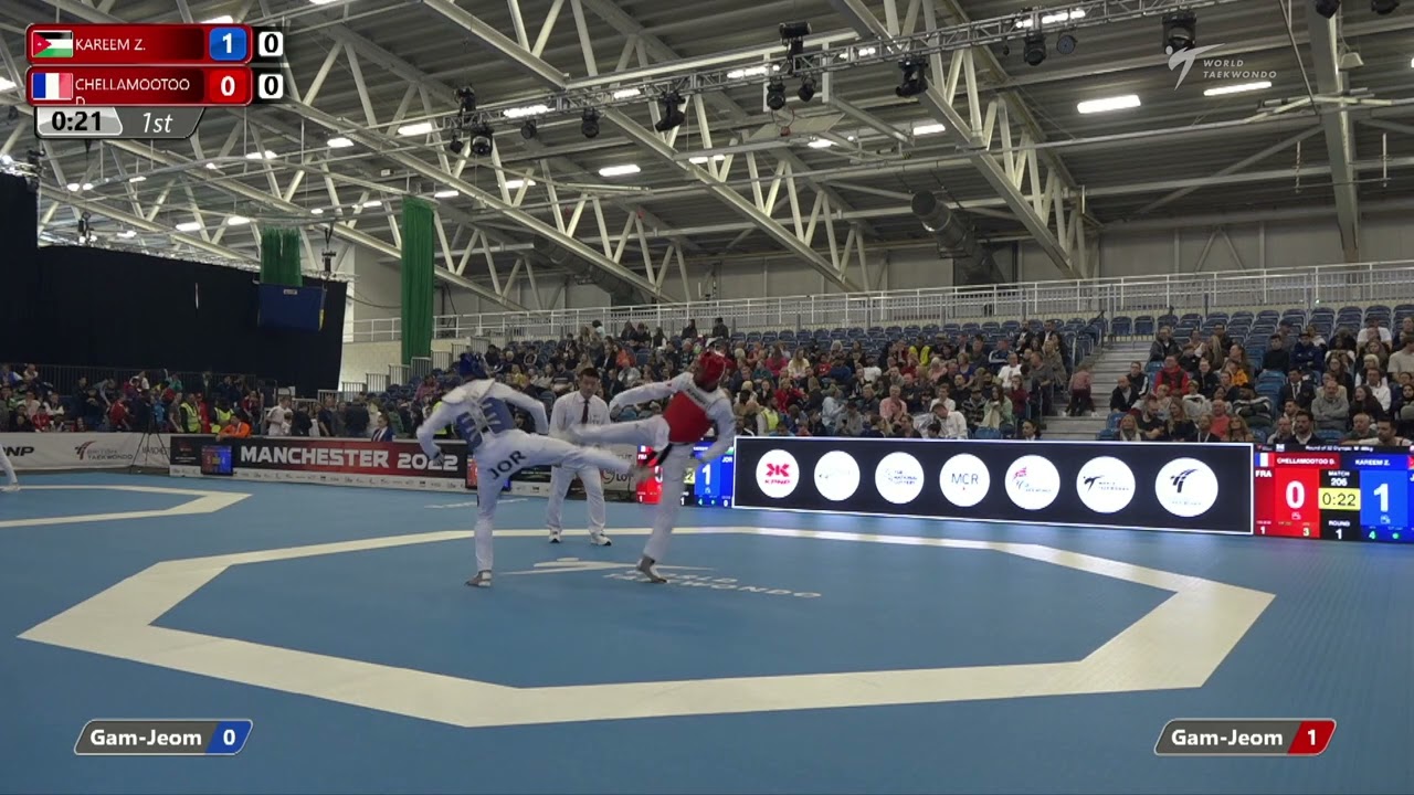 206 R-32 M-68kg 🔵 KAREEM Zaid JOR vs 🔴 CHELLAMOOTOO Dylan FRA I Manchester 2022 World Taekwondo GP background