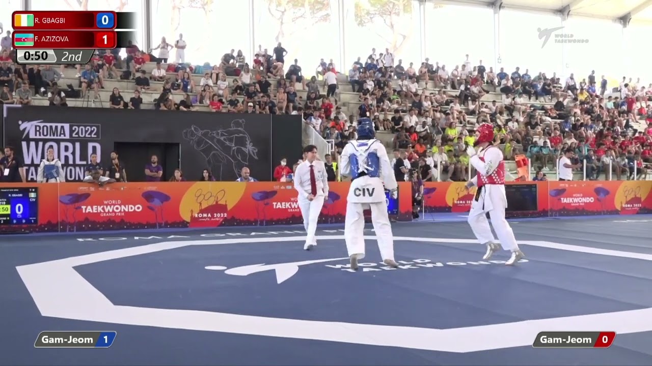 219 W-67kg R-16 GBAGBI Ruth CIV 🔵 vs 🔴 AZIZOVA Farida AZE I Rome 2022 World Taekwondo GP background