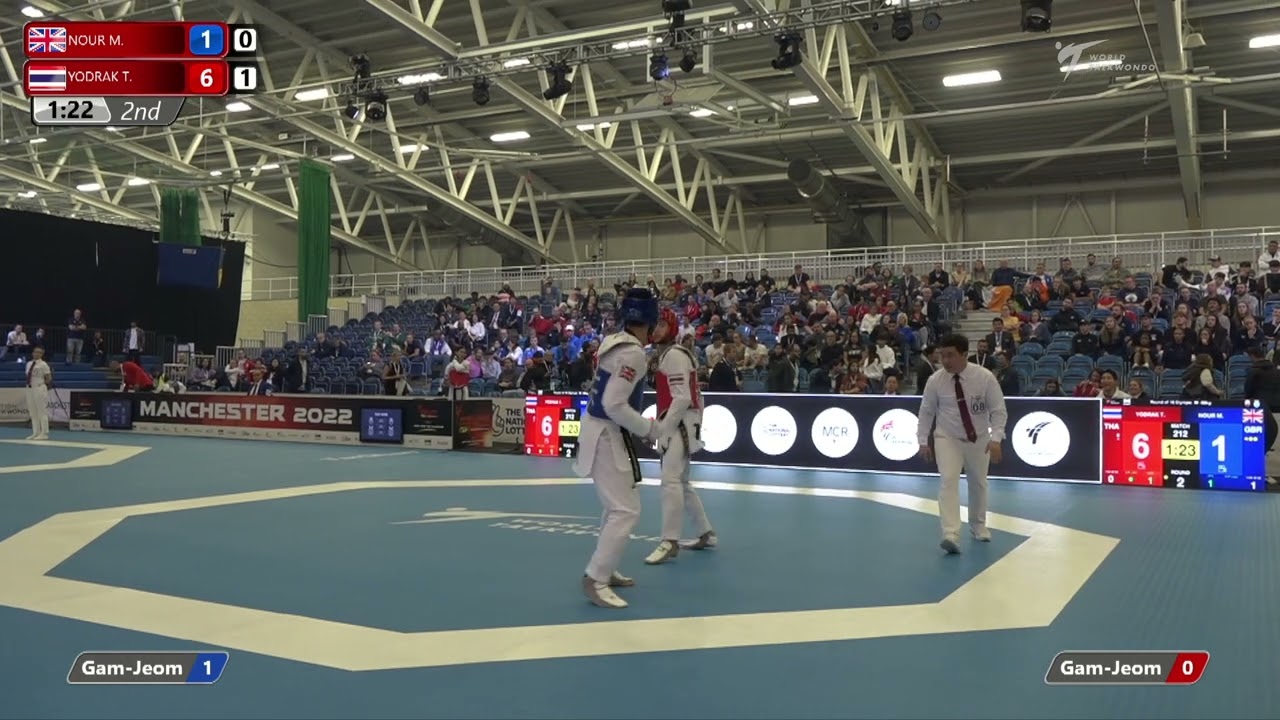 212 R-16 M-58kg 🔵 NOUR Mohammed GBR vs 🔴 YODRAK Thanakrit THA I Manchester 2022 World Taekwondo GP background